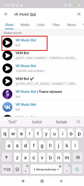 Cari Bot Vk Music Bot Di Kolom Pencarian Telegram