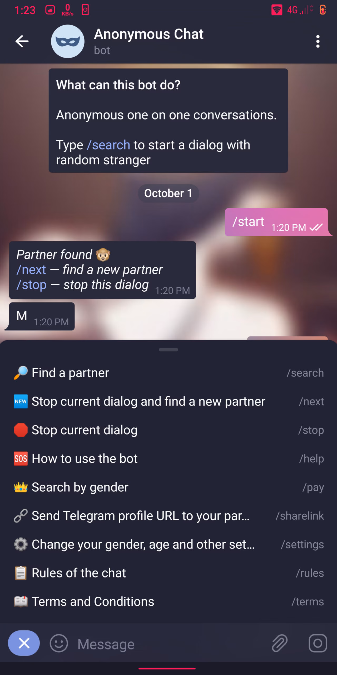 Menu Anonymous Chat Telegram
